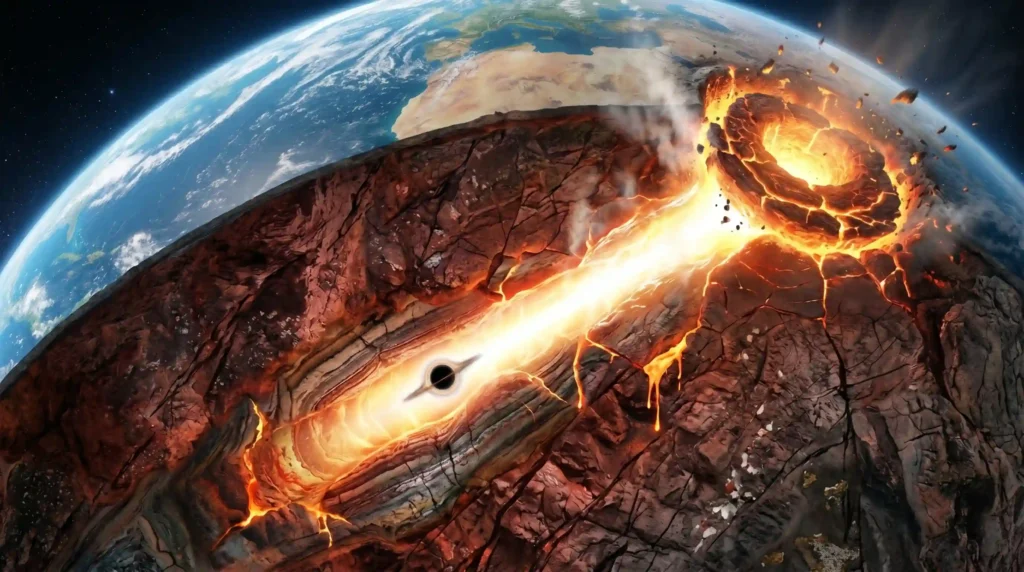 Cross-section view of the Earth's rocky crust being punctured by a blazing-fast microscopic singularity, a glowing entry tunnel of superheated rock