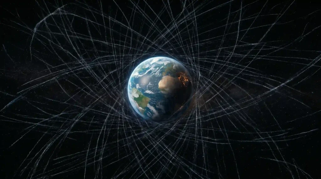 Earth as a small fragile target floating in deep space, surrounded by countless invisible streaking trajectories of microscopic anomalies whizzing past like cosmic bullets