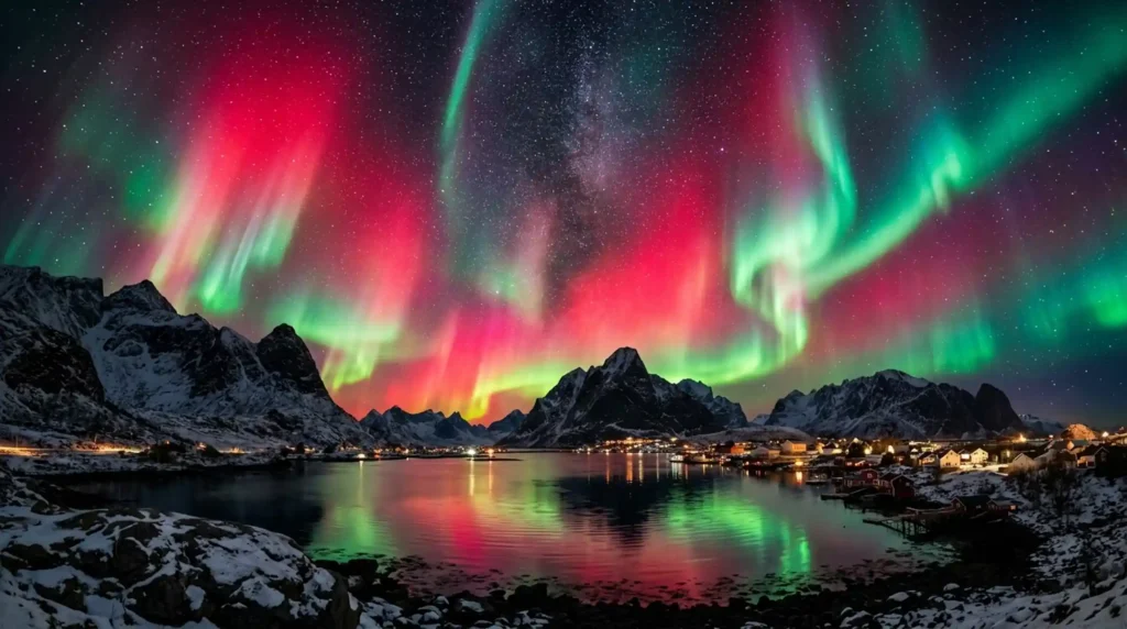 Bright red and green aurora borealis filling the night sky from a solar storm