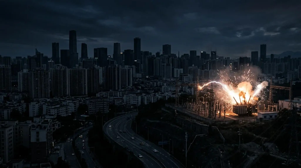 Modern city experiencing a massive power grid blackout due to a geomagnetic storm
