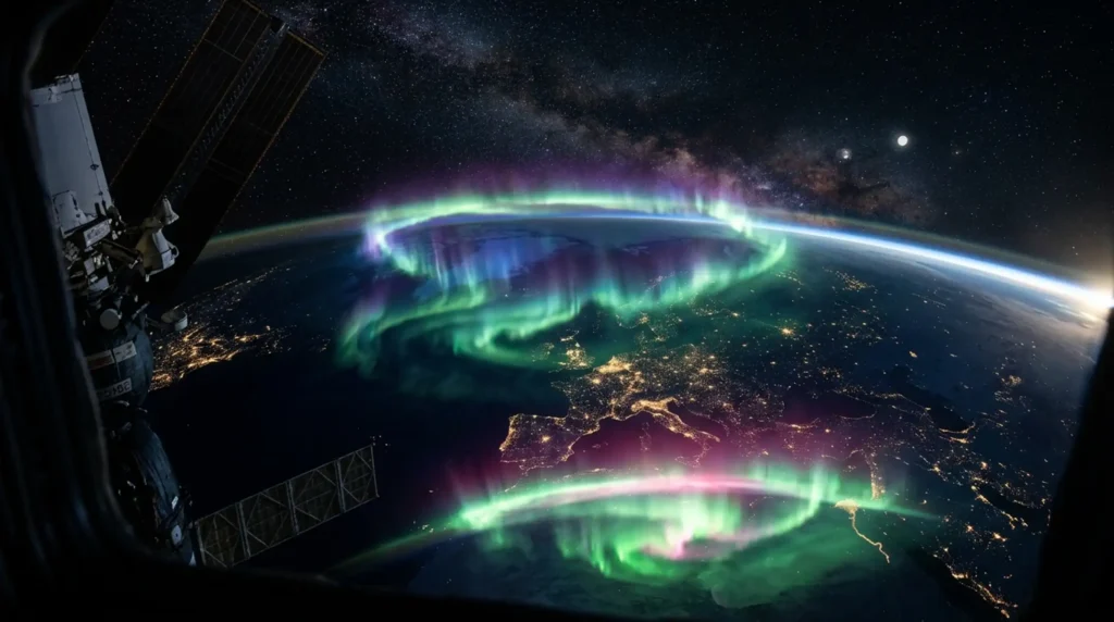 Earth from space showing bright polar auroras caused by a geomagnetic storm