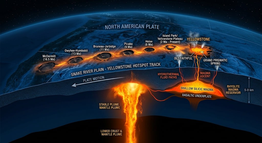 Tectonic plate moving over the yellowstone caldera hotspot.
