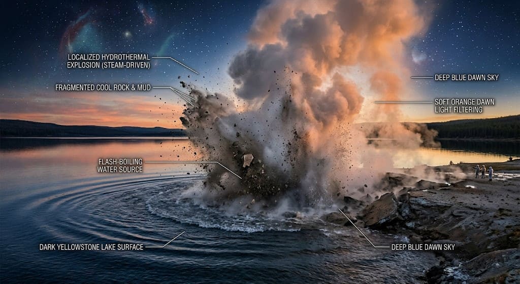 Localized hydrothermal steam explosion vs major yellowstone eruption.