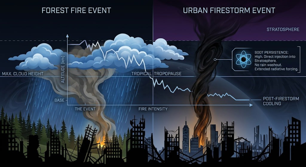 Scientific cross-section diagram comparing ordinary fire smoke washed by rain with an urban firestorm punching soot into the stratosphere.