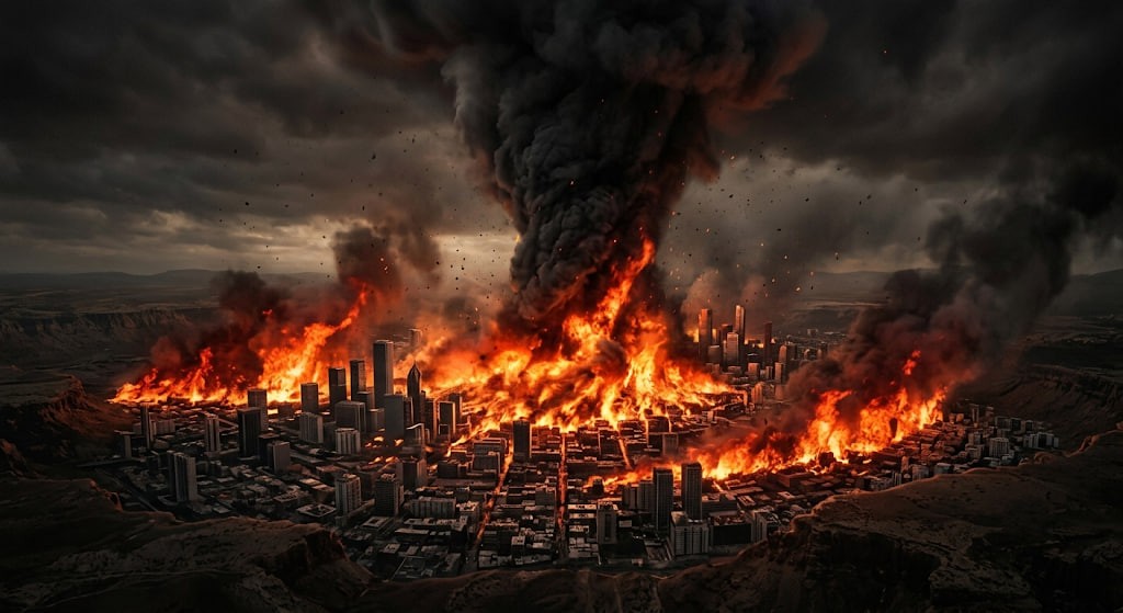 Dramatic realistic photograph of a modern city consumed by a massive nuclear firestorm with thick black smoke rising into the sky.