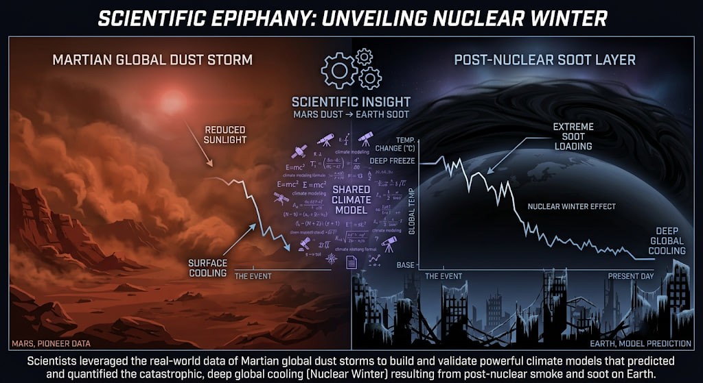 Conceptual scientific graphic showing Mars dust storms on the left and a frozen Earth on the right connected by data flows.