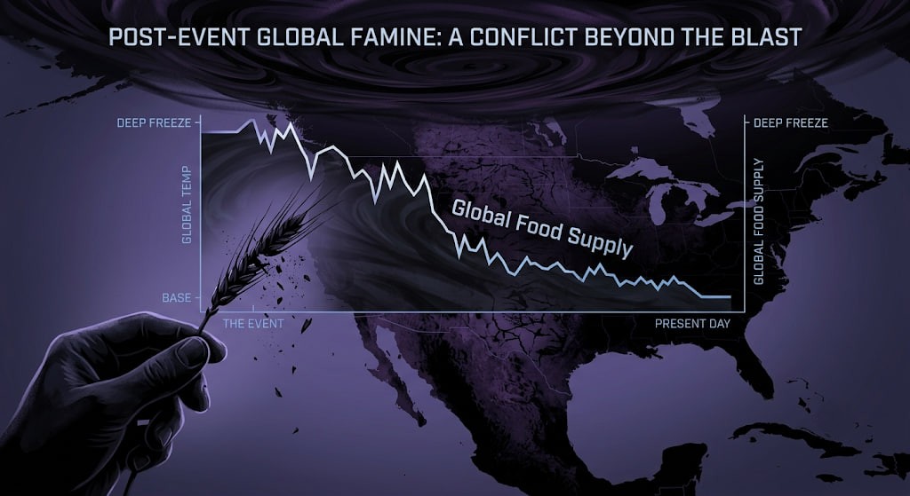 Dark-themed scientific graphic of a human hand holding a broken wheat stalk over a world map with a falling food supply chart.