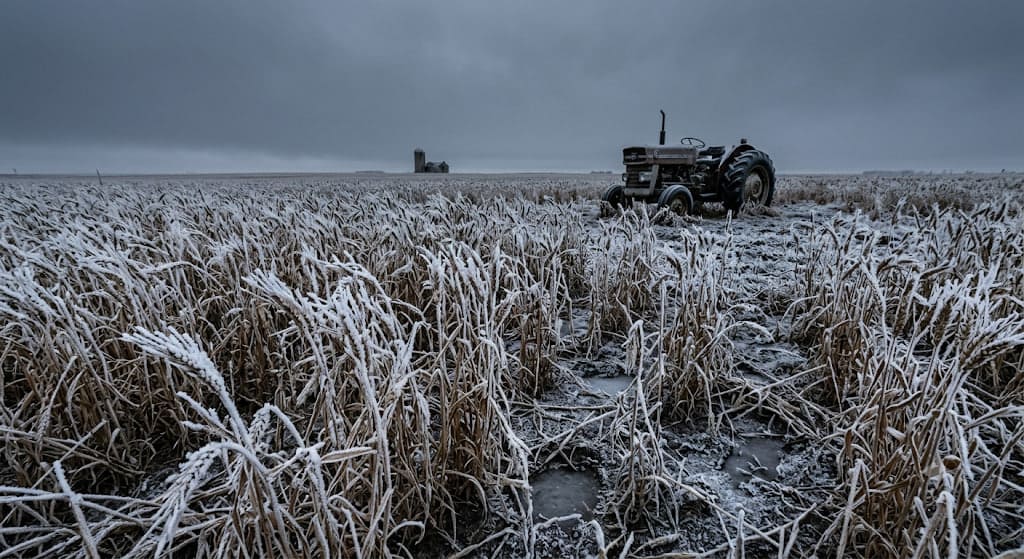 Realistic somber photograph of a ruined wheat field covered in unseasonal summer frost under a dark overcast sky.