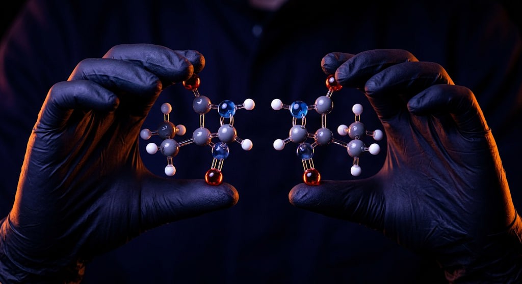 A scientist holding two physical molecular models that are perfect reflections of each other to explain what is mirror life.