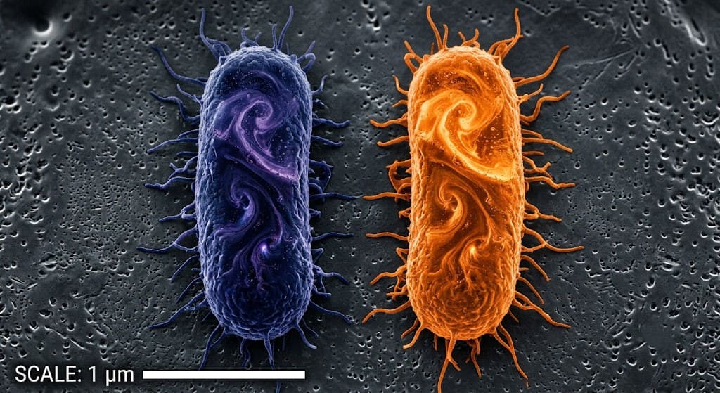 A highly detailed electron microscope scan comparing normal microbes with mirror bacteria side by side on a metallic surface.