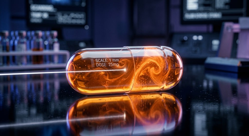 A glowing pharmaceutical capsule in a modern laboratory, representing the potential medical benefits of creating mirror life.