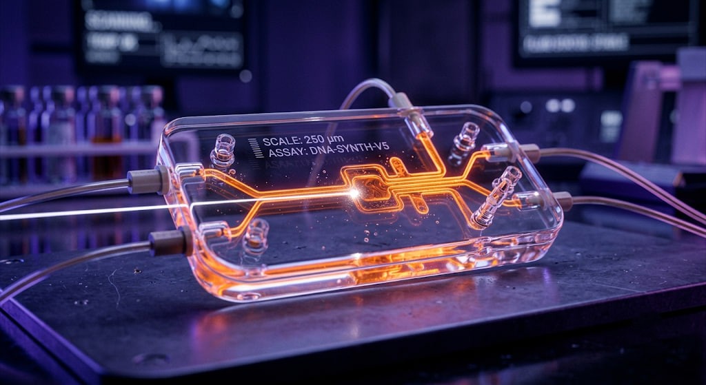 A glass microfluidic chip filled with orange fluorescent liquid used for synthesizing the genome of mirror bacteria in a lab.