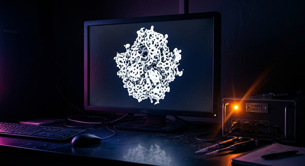 A computer monitor in a dark lab displaying a 3D scan of a cellular ribosome, a necessary step to build mirror life.