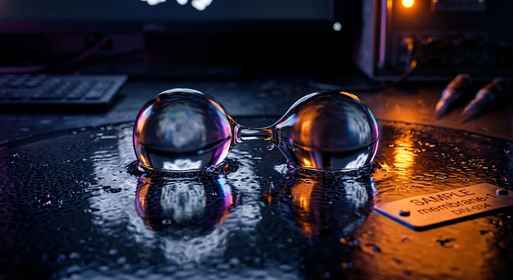 A microscopic organic droplet dividing on a glass surface, representing the cell membrane needed for mirror bacteria to function.