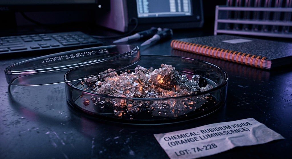 A sleek petri dish filled with crystalline chemical powders acting as raw nutrients to sustain mirror life.