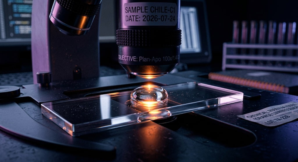 A drop of liquid on a glass microscope slide being examined to understand how mirror bacteria might evade the immune system.