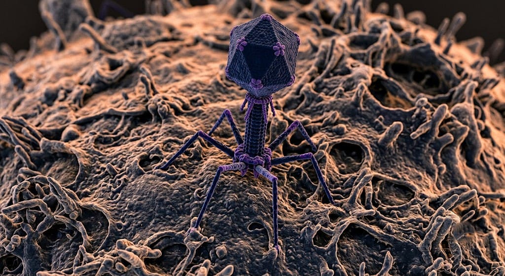 An electron microscope view of a bacteriophage virus resting on a cell, showing how natural predators cannot consume mirror life.