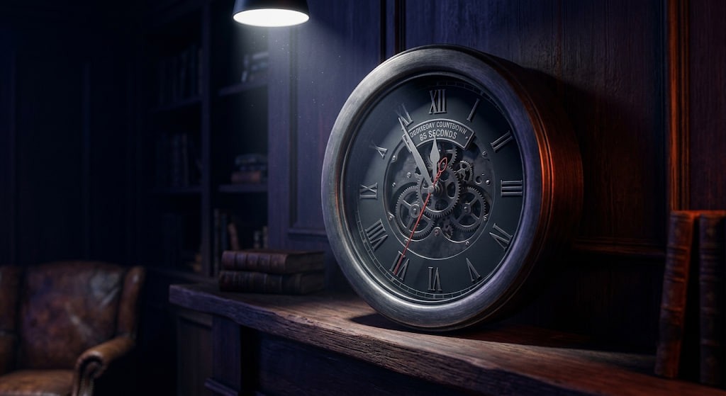 A dark metallic analog clock set to 85 seconds to midnight, representing the global warning about the potential dangers of mirror bacteria.