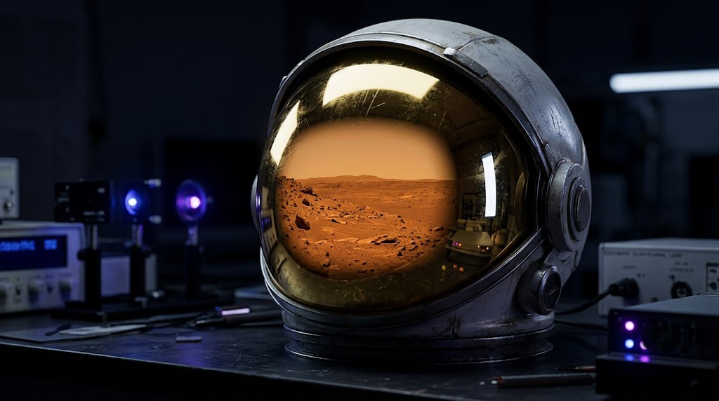space suit visor reflecting the freezing and thin atmosphere of Mars.