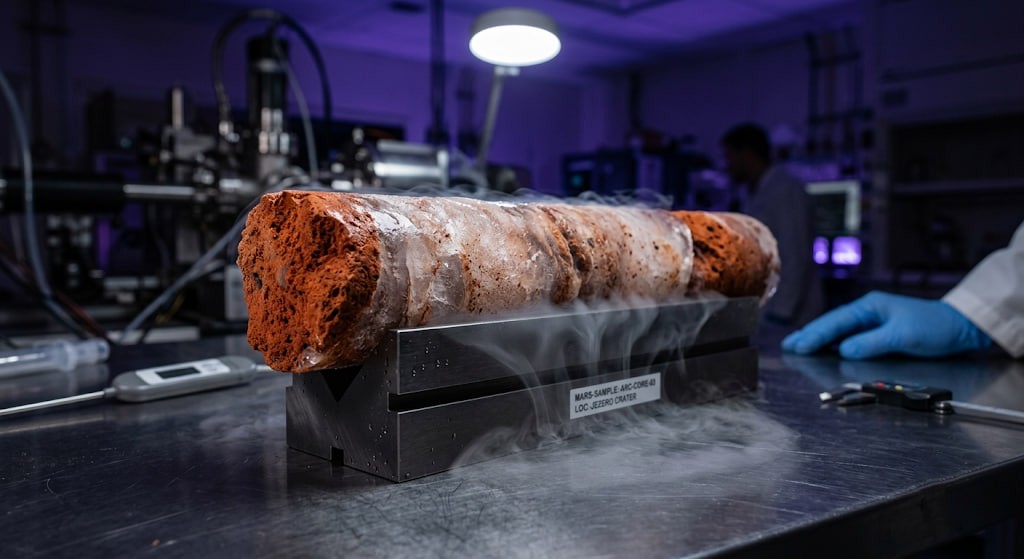 A scientific core sample of Martian ice illustrating the lack of accessible carbon dioxide on Mars.