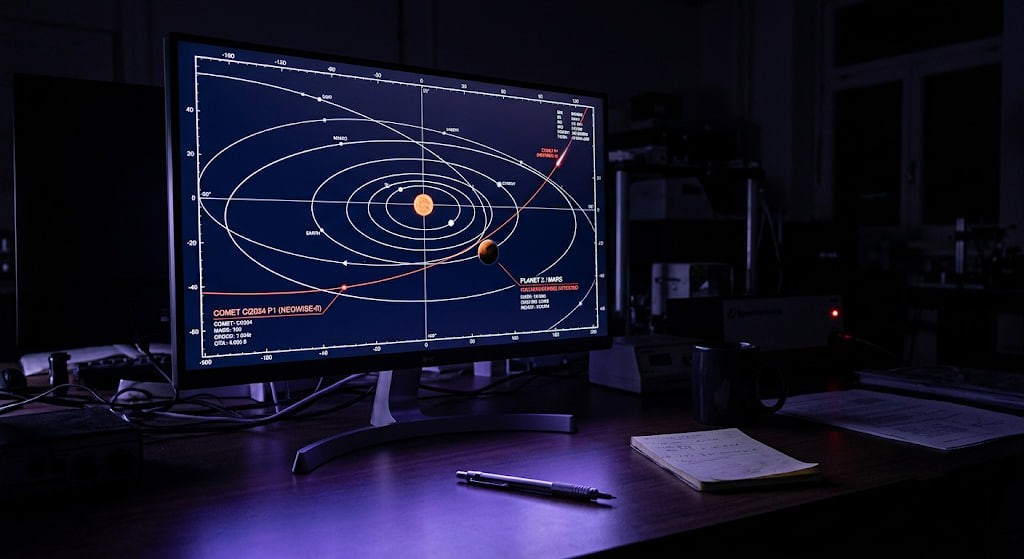 A computer monitor displaying a comet trajectory for importing gases to a terraformed Mars.