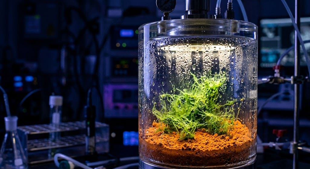 Biological laboratory setup attempting to oxygenate Martian soil to create breathable air.