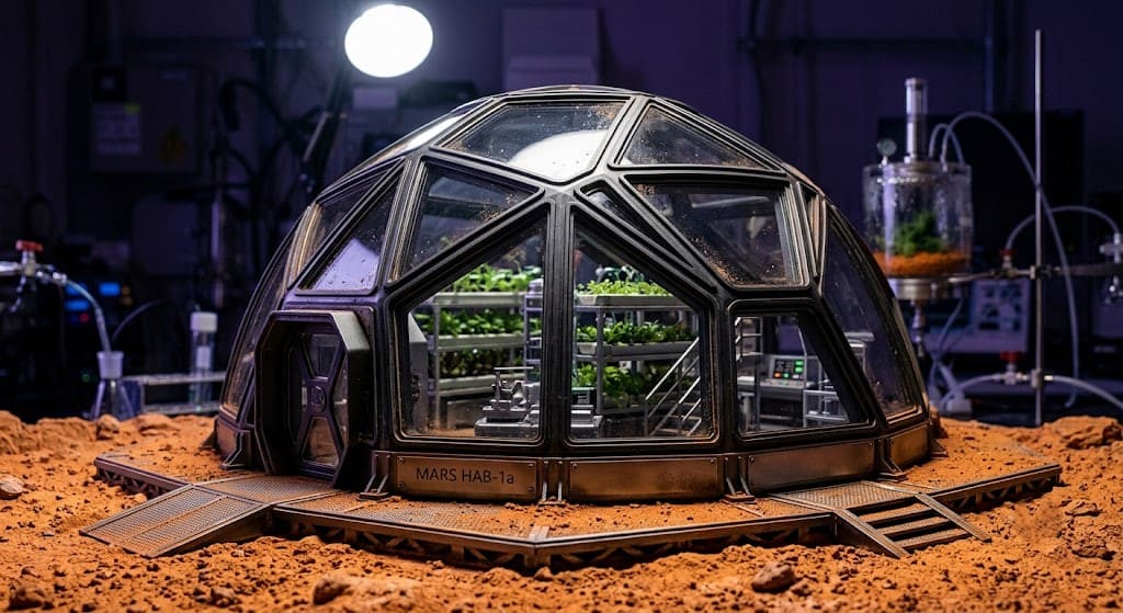 An architectural model of a pressurized dome habitat for early Mars settlement.