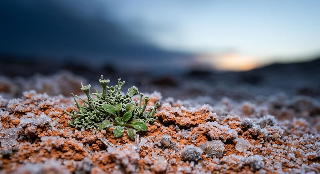 A small green plant surviving in the freezing Martian landscape under a blue sky.