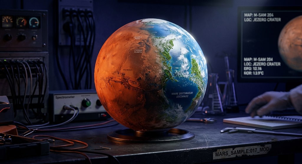 A detailed physical globe model showing the different stages of terraforming Mars from red desert to blue water and green plants.