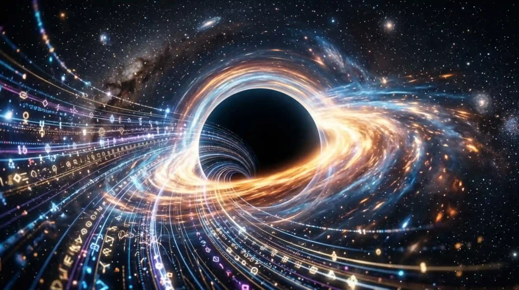 Glowing streams of quantum information being pulled into a black hole