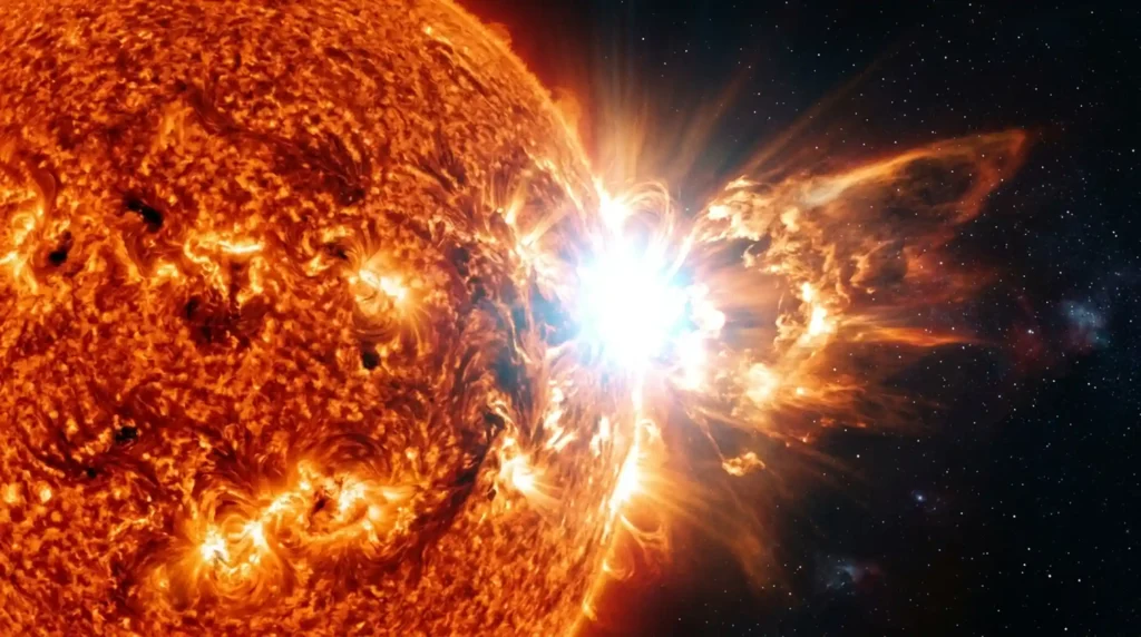 Sudden bright solar flare erupting from the sun emitting intense radiation