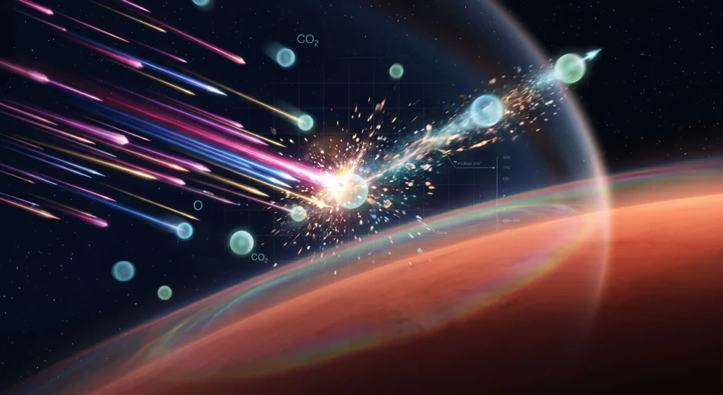 Scientific visualization of atmospheric sputtering, where solar wind ions knock Martian atoms into space.