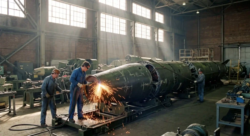 Workers dismantling a ballistic missile in 1991, representing the end of the Cold War when the Doomsday Clock moved back to 17 minutes.