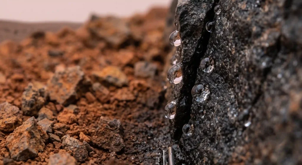 Microscopic droplets of briny liquid water clinging to Martian soil and rocks, enabled by perchlorate salts.