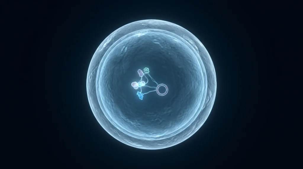 Microscopic view of a synthetic minimal cell, stripped down to only the essential genes required for life.