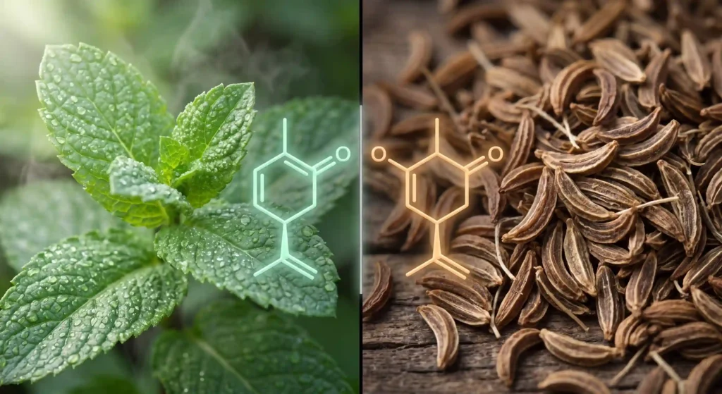 A split-screen of fresh spearmint and dry caraway seeds, showing how enantiomers of the same molecule can produce entirely different smells.
