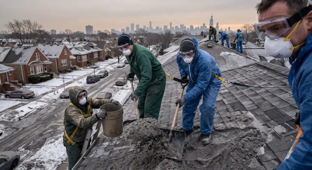Homeowners wearing fitted N95 masks and goggles shoveling heavy volcanic ash off a roof to prevent structural collapse after the Yellowstone eruption.