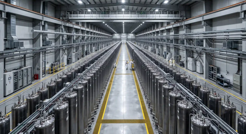 Endless rows of tall metallic gas centrifuges in a highly secure, modern uranium enrichment facility.