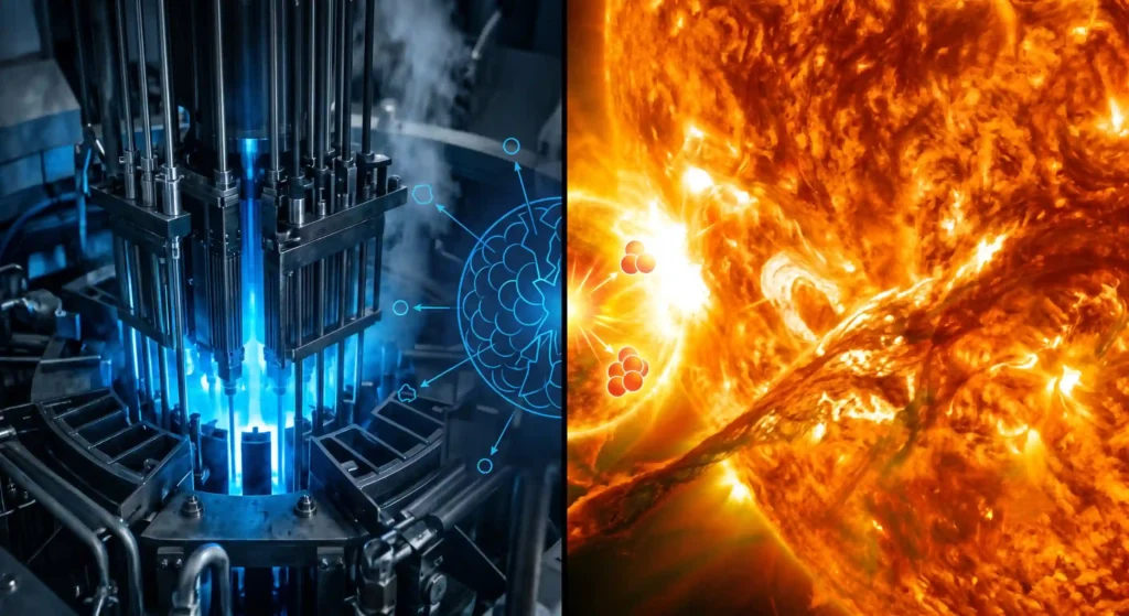 A visual contrast between the glowing blue core of a nuclear fission reactor and the fiery plasma of a star powered by nuclear fusion.