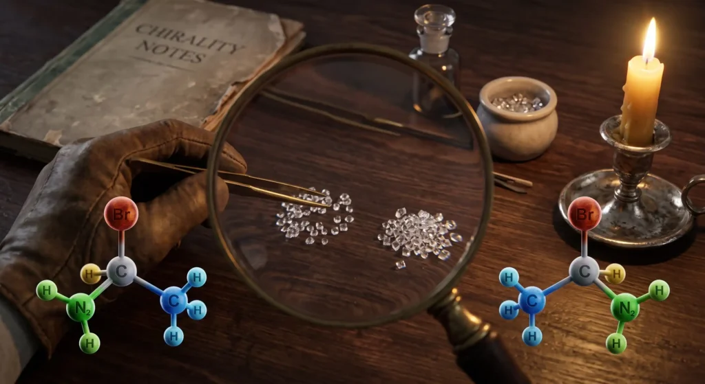 Antique tweezers sorting tiny crystals under a magnifying glass, recreating Louis Pasteur's 1848 discovery of molecular chirality.