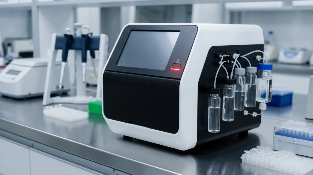 An ultra-modern benchtop DNA synthesizer in a lab, which presents a significant biosecurity loophole by bypassing commercial screening.