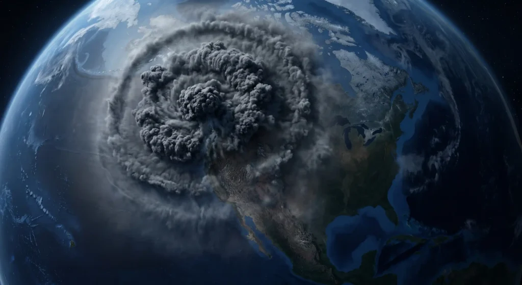 Satellite view of a super-eruption spreading massive concentric rings of volcanic ash and sulfur haze across a continent.