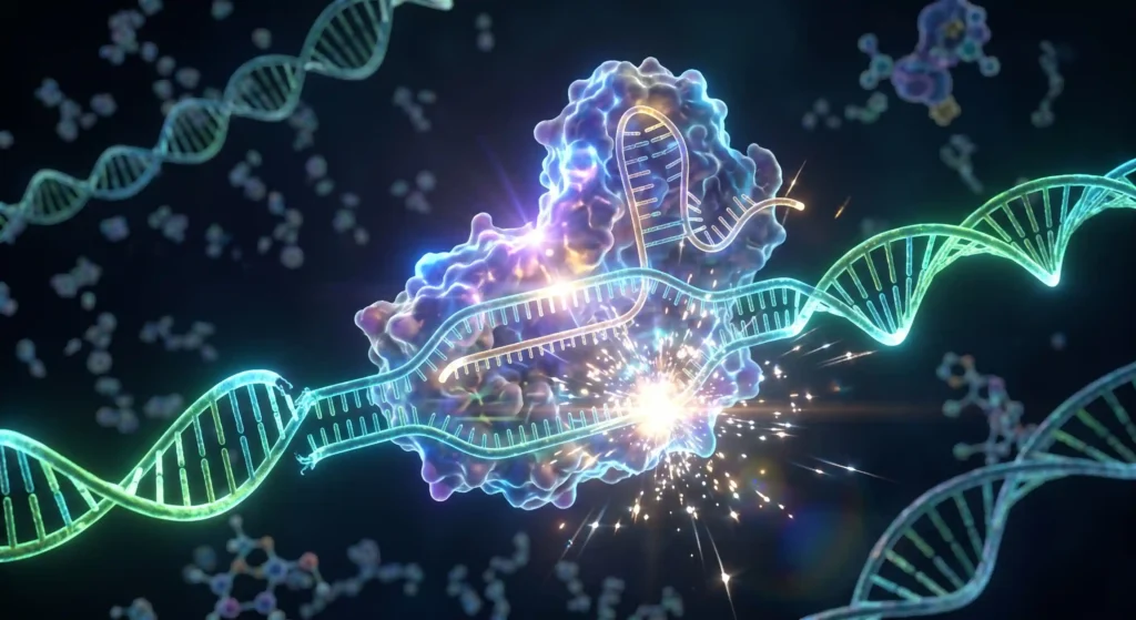 3D visualization of CRISPR-Cas9 acting as molecular scissors to precisely edit DNA sequences.