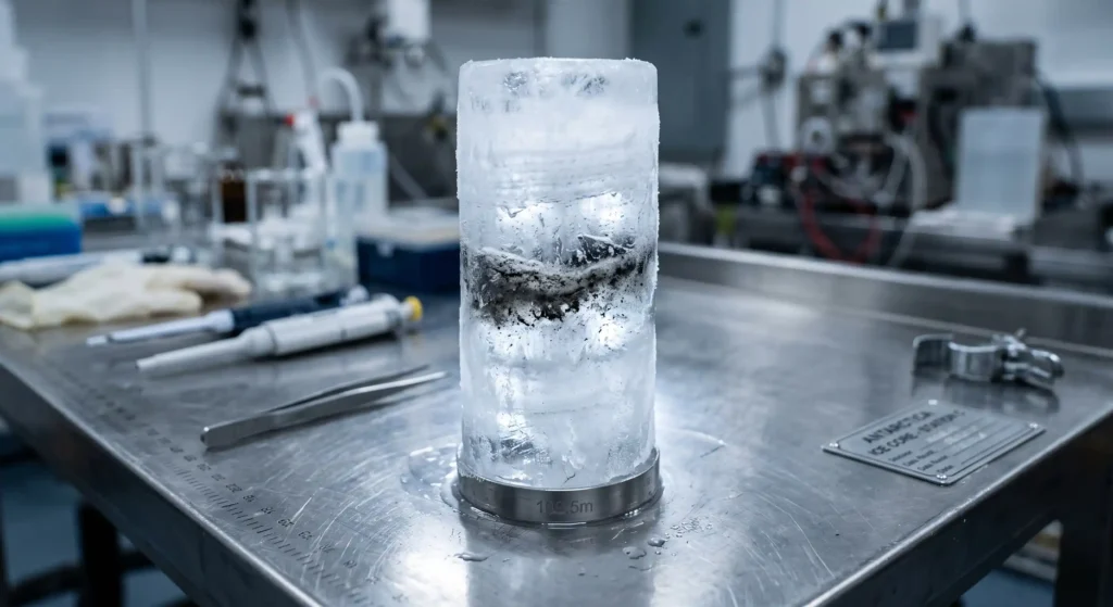 Close-up of a drilled ice core in a laboratory showing a dark band of volcanic sulfate from an ancient eruption.