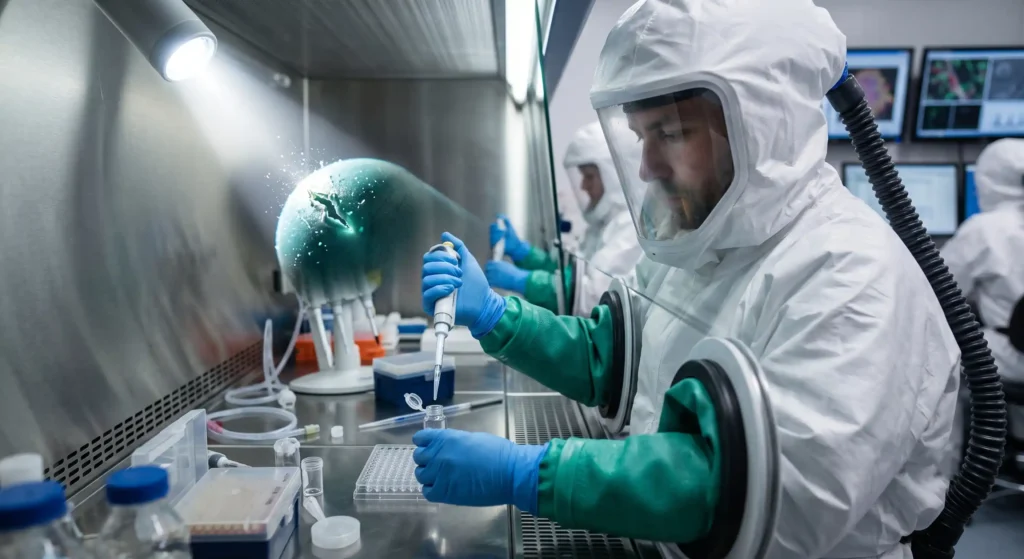 A microscopic tear in a biohazard suit glove inside a BSL-4 lab, symbolizing human error leading to a mirror life containment breach.