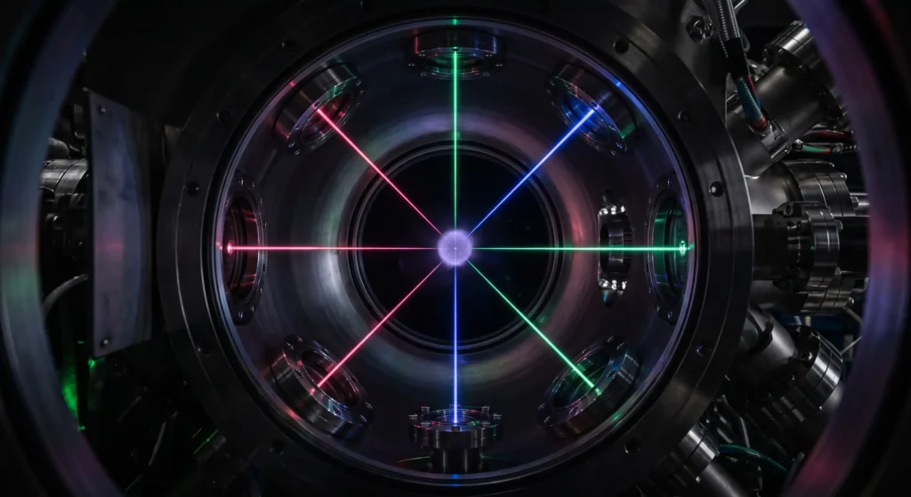 Six intersecting laser beams used for laser cooling atoms to near absolute zero.