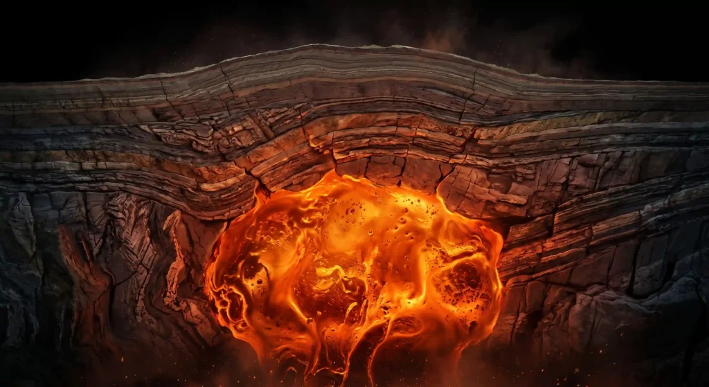 Geological cross-section showing a massive, glowing chamber of viscous rhyolite magma building pressure beneath the Earth's crust before a super-eruption.