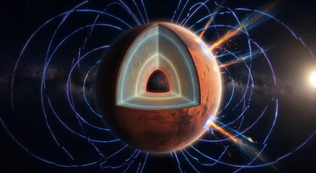Geological cross-section of Mars showing a cooling core and a collapsing magnetic field that left the planet unprotected.