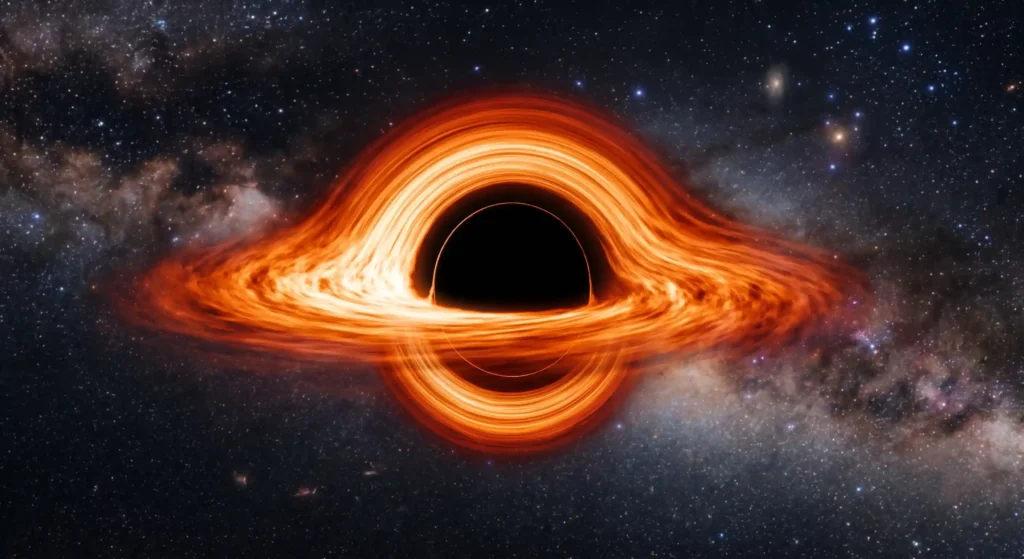 A photorealistic-style rendering of an event-horizon image — a bright orange ring of hot, gravitationally lensed gas around a black central shadow on deep space, echoing the EHT images of M87* and Sagittarius A*.