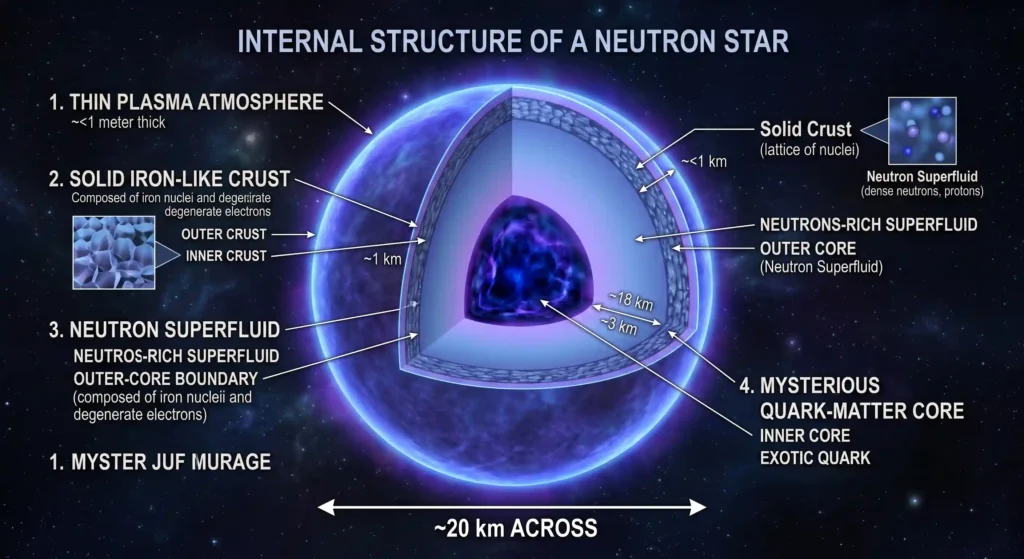 Labelled cutaway of a neutron star's layers: atmosphere, crust, neutron superfluid and quark core